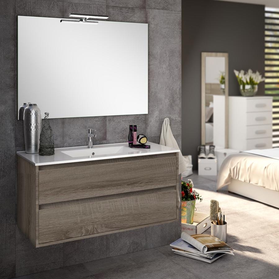 Meuble de salle de bain simple vasque - 2 tiroirs - IRIS et miroir Led STAM - britannia (chêne foncé) - 100cm 1