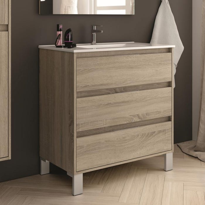 Meuble de salle de bain simple vasque - 3 tiroirs - TIRIS 3C et miroir Led STAM - cambrian (chêne) - 80cm 1