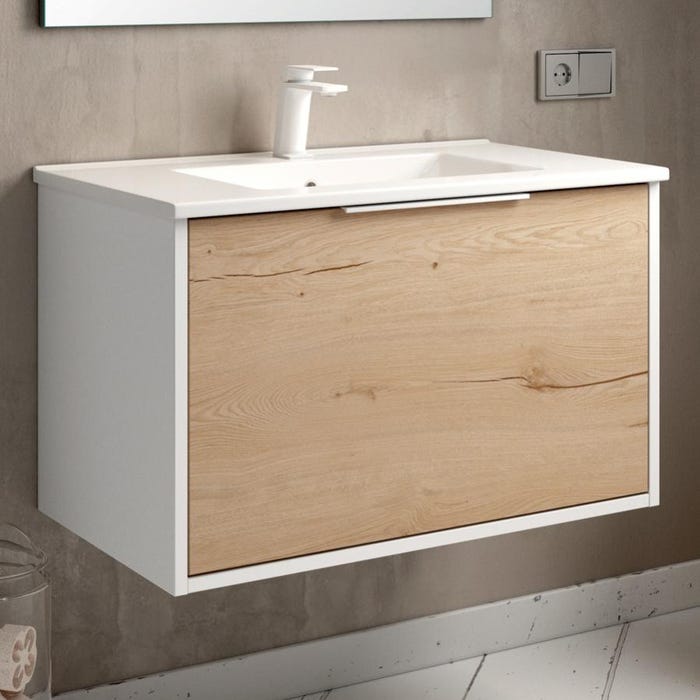Meuble de salle de bain simple vasque - 2 tiroirs - ALBA et miroir rond SOLEN - blanc -80cm 1