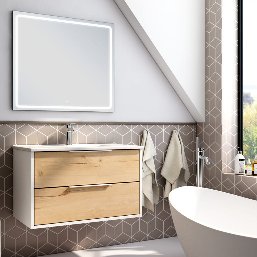 Meuble de salle de bain simple vasque - 2 tiroirs - ALBA et miroir VELDI - blanc-Chêne - 80cm 0
