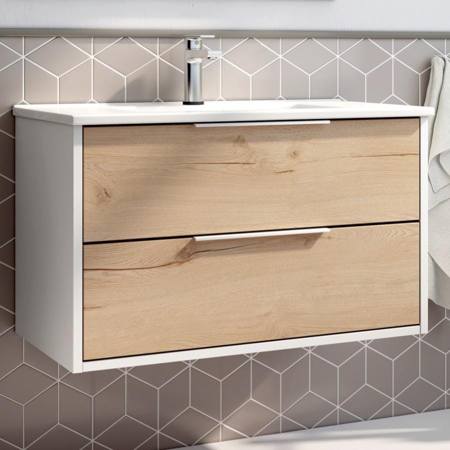 Meuble de salle de bain simple vasque - 2 tiroirs - ALBA et miroir VELDI - blanc-Chêne - 80cm 1