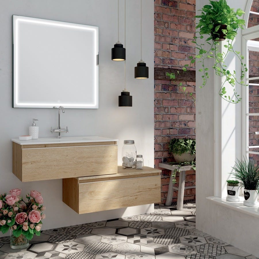 Meuble de salle de bain simple vasque - 1 tiroir - PENA et miroir Led VELDI - bambou (chêne clair) - 120cm 0