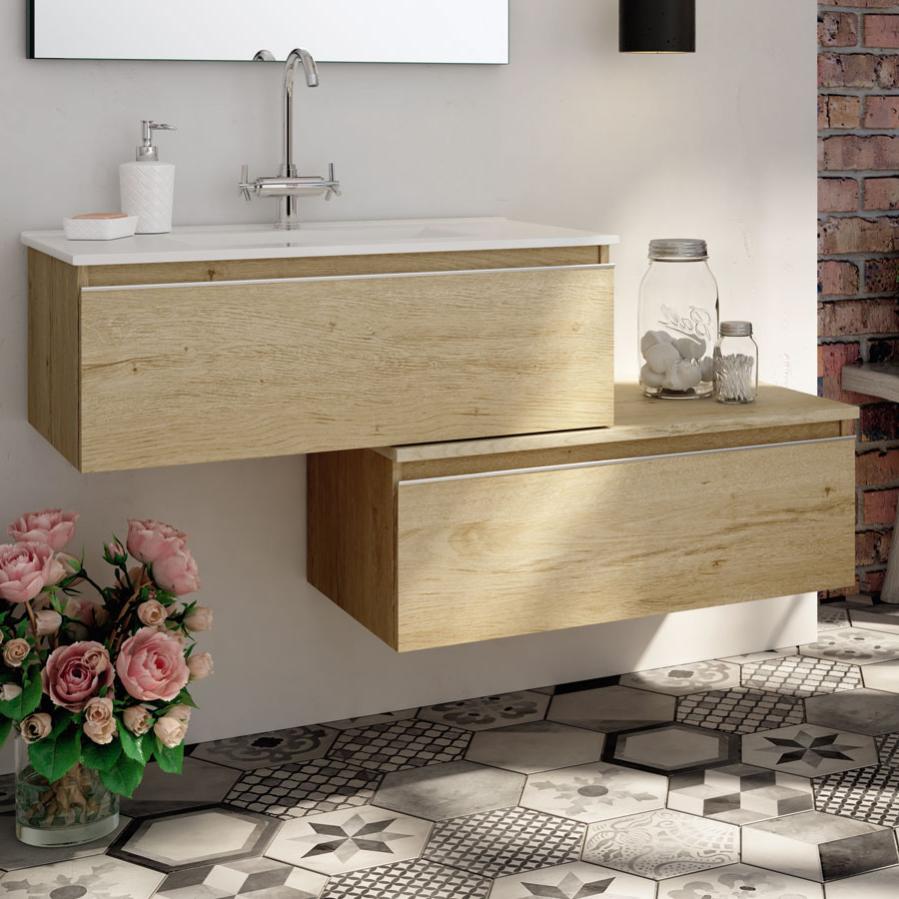 Meuble de salle de bain simple vasque - 1 tiroir - PENA et miroir Led VELDI - bambou (chêne clair) - 120cm 1