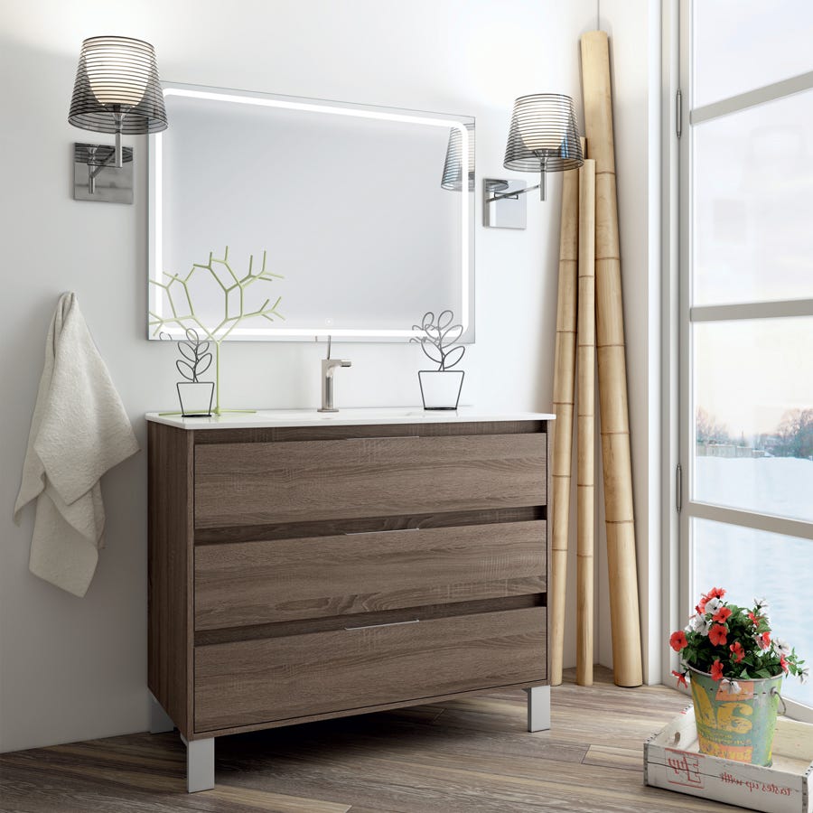 Meuble de salle de bain simple vasque - 3 tiroirs - TIRIS 3C et miroir Led STAM - britannia (chêne foncé) - 100cm 0