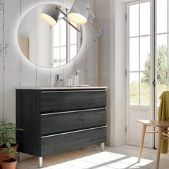 Meuble de salle de bain simple vasque - 3 tiroirs - PALMA et miroir rond Led SOLEN - ebony (bois noir) - 60cm 0