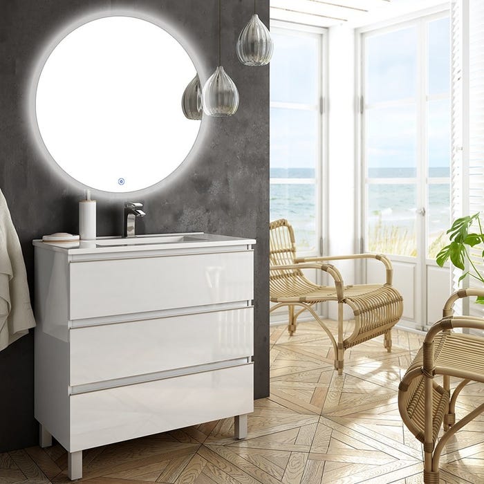 Meuble de salle de bain simple vasque - 3 tiroirs - PALMA et miroir rond Led SOLEN - blanc - 60cm 0