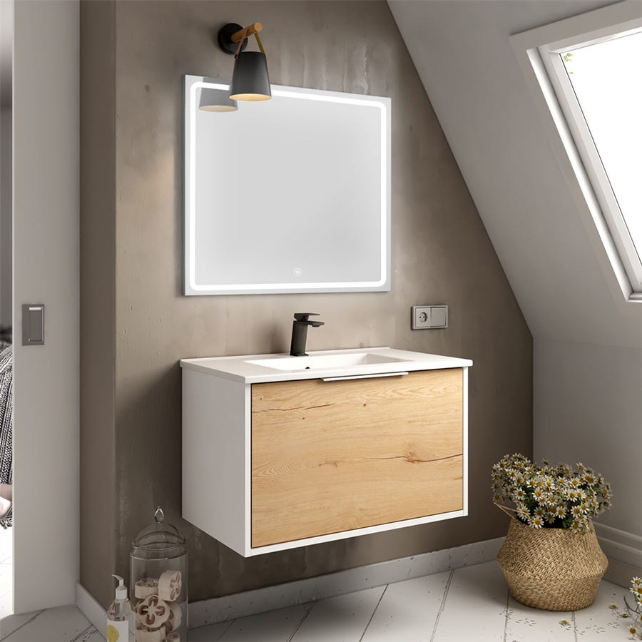 Meuble de salle de bain simple vasque - 1 façade et 2 tiroirs - ALBA et miroir VELDI - blanc-Chêne - 80cm 0