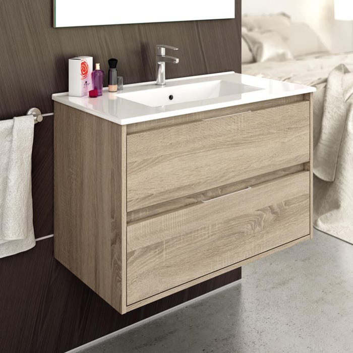 Meuble de salle de bain simple vasque - 2 tiroirs - IRIS et miroir Led VELDI - cambrian (chêne) - 80cm 2