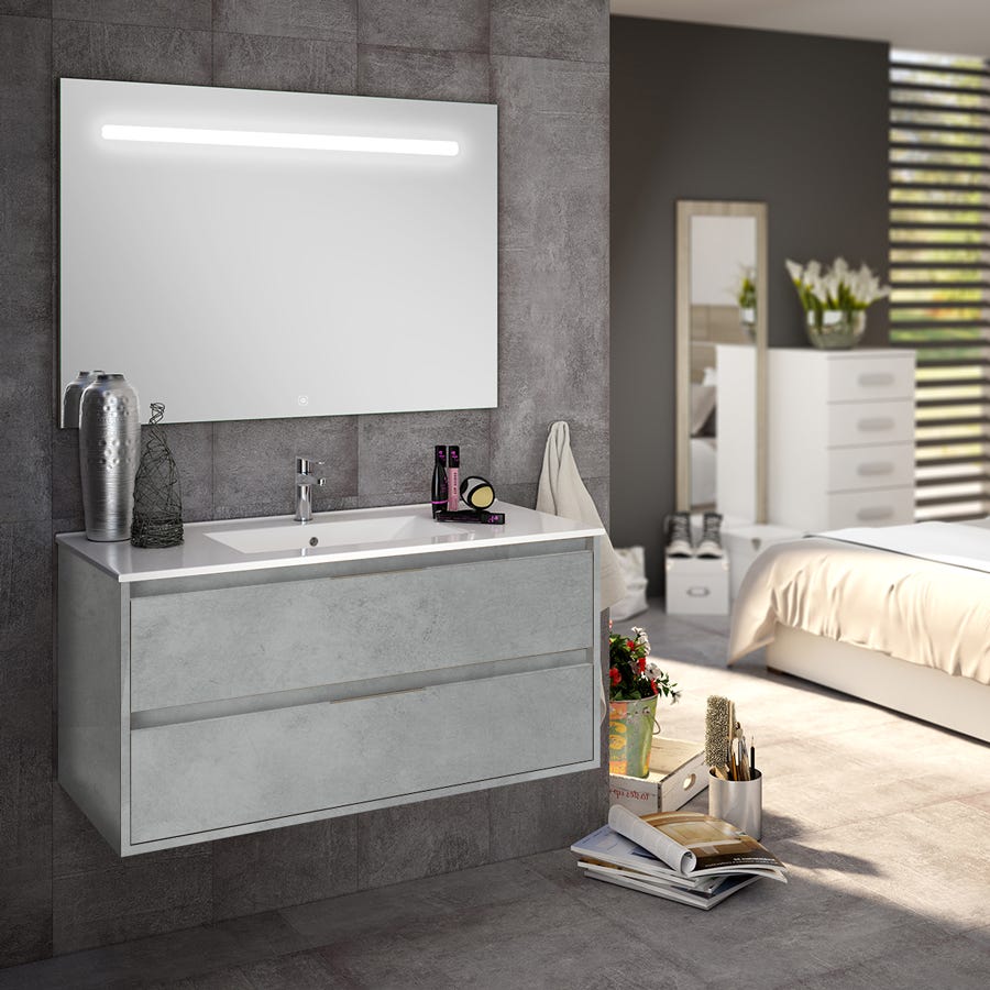 Meuble de salle de bain simple vasque - 2 tiroirs - IRIS et miroir Led STAM - ciment (gris) - 100cm 0