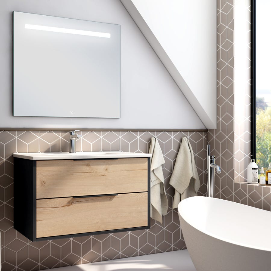 Meuble de salle de bain simple vasque - 2 tiroirs - ALBA et miroir STAM - noir-Chêne - 80cm 0