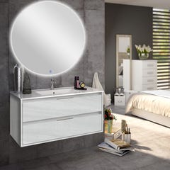Meuble de salle de bain simple vasque - 2 tiroirs - IRIS et miroir rond Led SOLEN - hibernian (bois blanchi) - 80cm 0