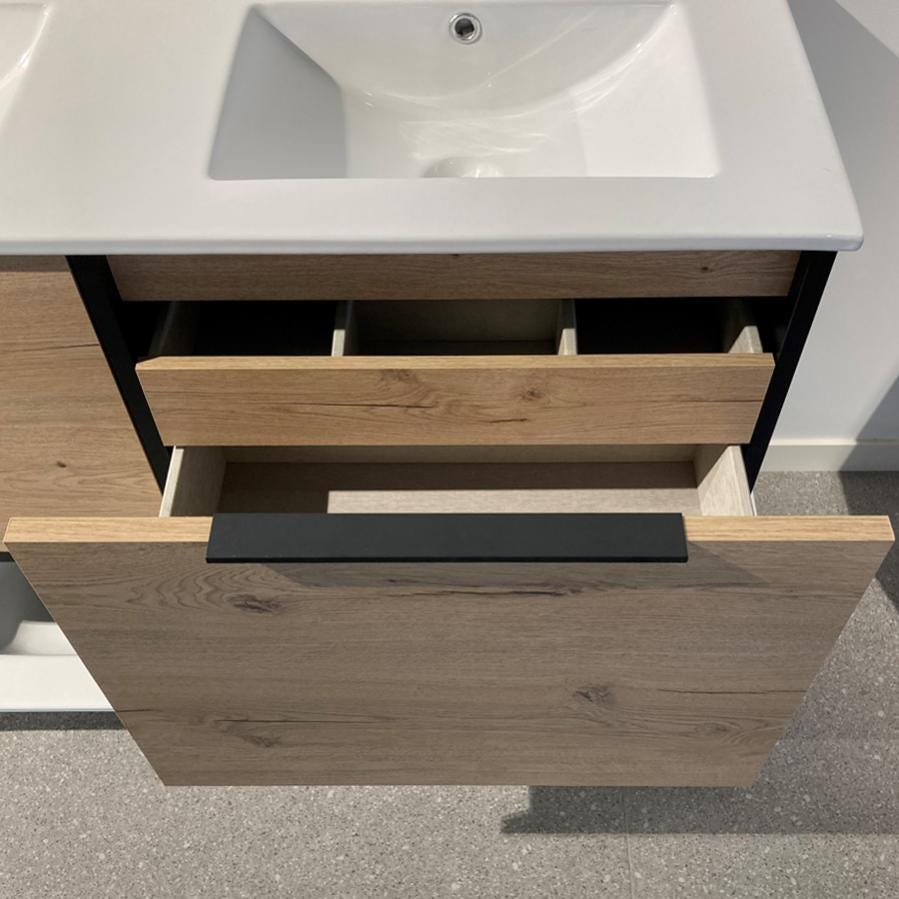 Meuble de salle de bain simple vasque - 2 tiroirs - ALBA et miroir rond SOLEN - noir - 80cm 3