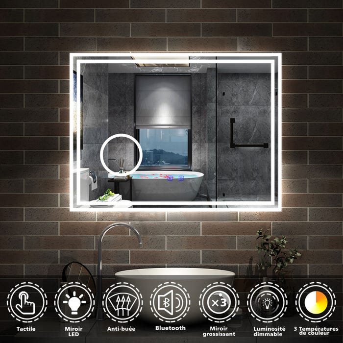 AICA LED miroir 80x60cm bluetooth + miroir grossissant + tricolore + tactile + anti-buée, suspendu horizontalement ,miroir salle de bain 1