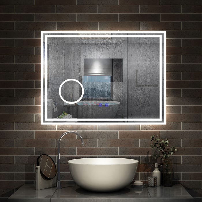 AICA LED miroir 80x60cm bluetooth + miroir grossissant + tricolore + tactile + anti-buée, suspendu horizontalement ,miroir salle de bain 2
