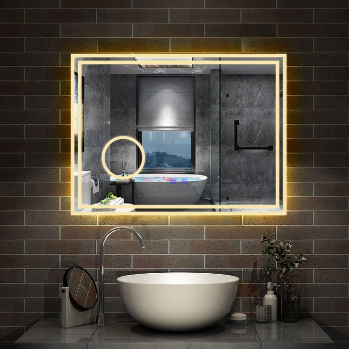AICA LED miroir 80x60cm bluetooth + miroir grossissant + tricolore + tactile + anti-buée, suspendu horizontalement ,miroir salle de bain 4