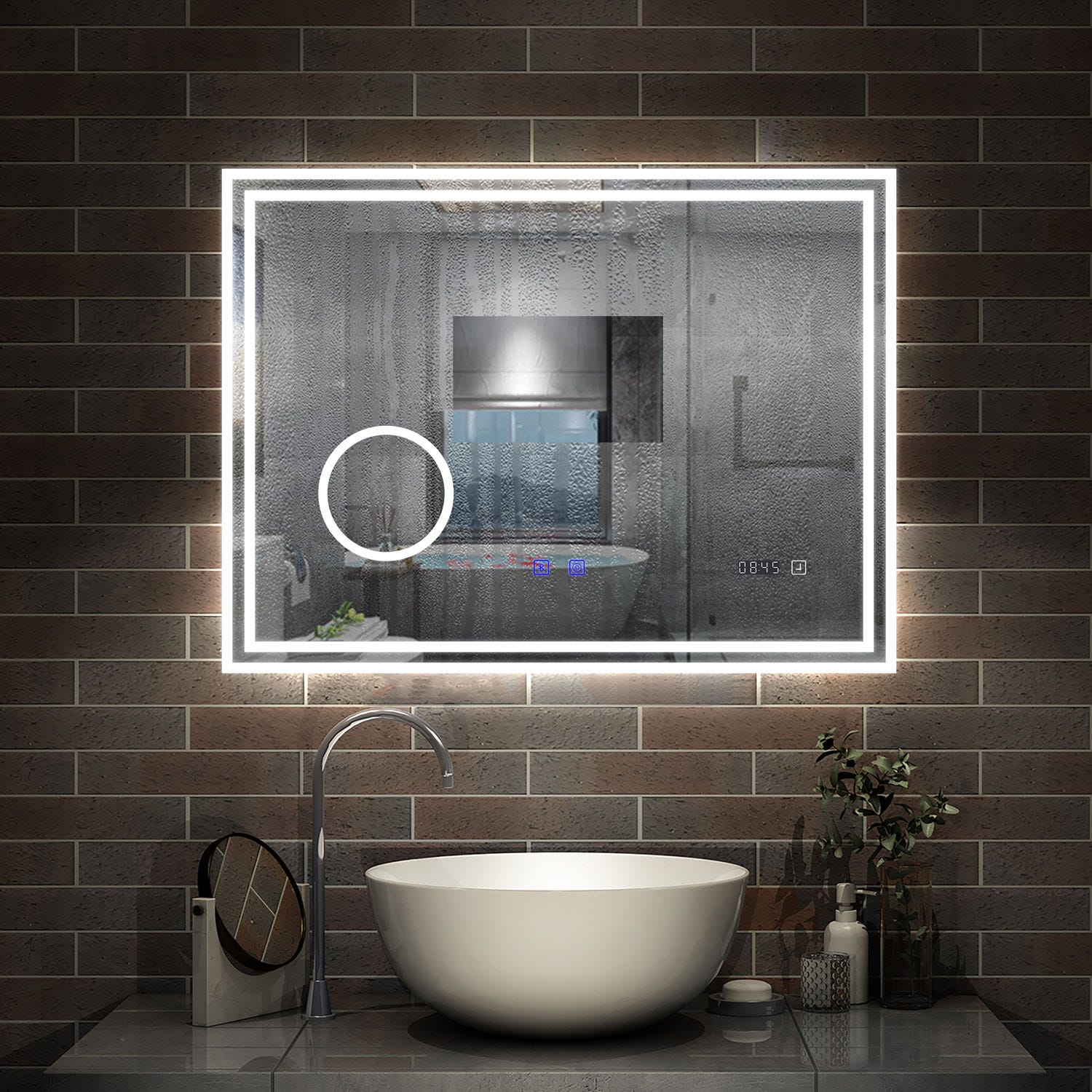 AICA LED miroir 140x80cm horloge + bluetooth + miroir grossissant + tricolore + tactile + anti-buée, suspendu horizontalement ,miroir salle de bain 2