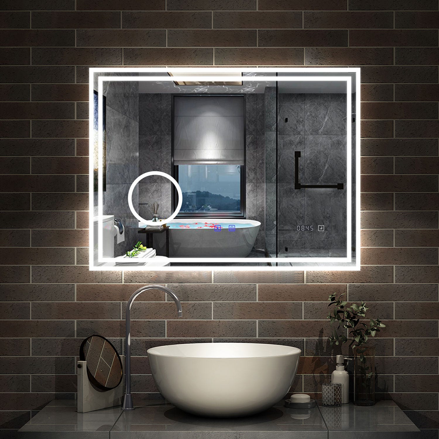 AICA LED miroir 140x80cm horloge + bluetooth + miroir grossissant + tricolore + tactile + anti-buée, suspendu horizontalement ,miroir salle de bain 0