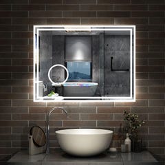 AICA LED miroir 120x70cm horloge + bluetooth + miroir grossissant + tricolore + tactile + anti-buée, suspendu horizontalement ,miroir salle de bain 0