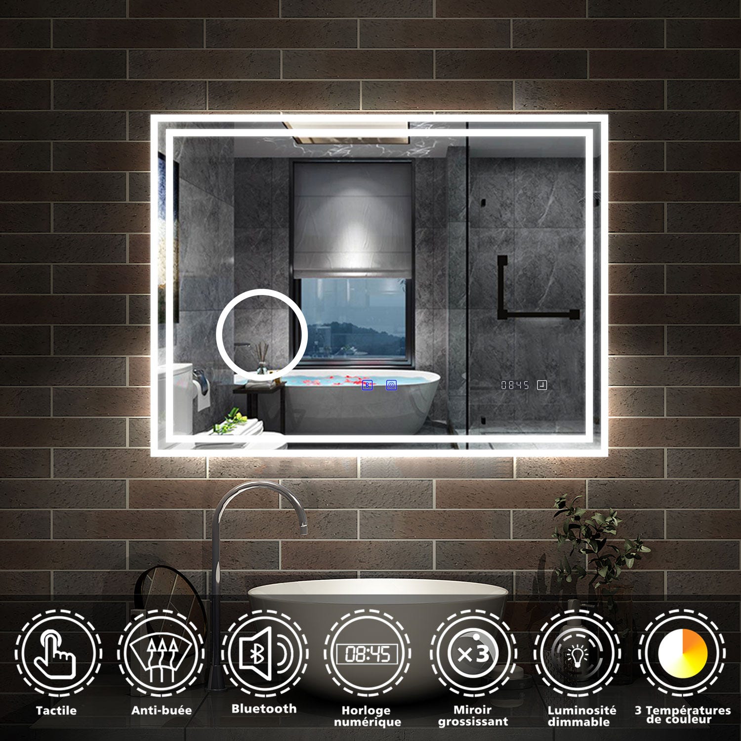 AICA LED miroir 120x70cm horloge + bluetooth + miroir grossissant + tricolore + tactile + anti-buée, suspendu horizontalement ,miroir salle de bain 1