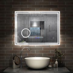 AICA LED miroir 80x60cm horloge + bluetooth + miroir grossissant + tricolore + tactile + anti-buée, suspendu horizontalement ,miroir salle de bain 2