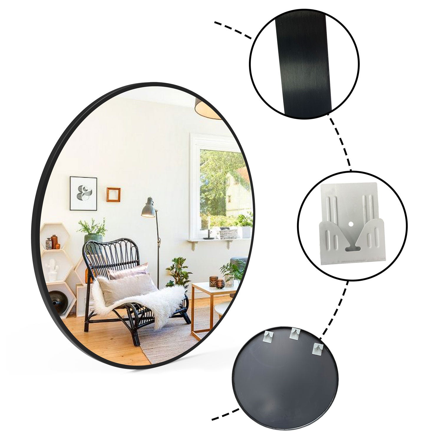 AICA Miroir rond noir (mat) encadré suspendu horizontalement 80*80cm 1