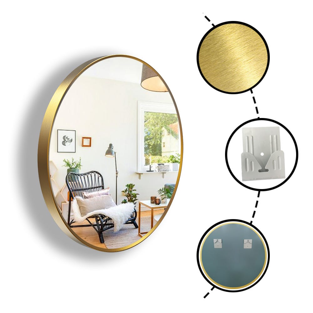 AICA Miroir rond d'or (mat) encadré suspendu horizontalement 70*70cm 1