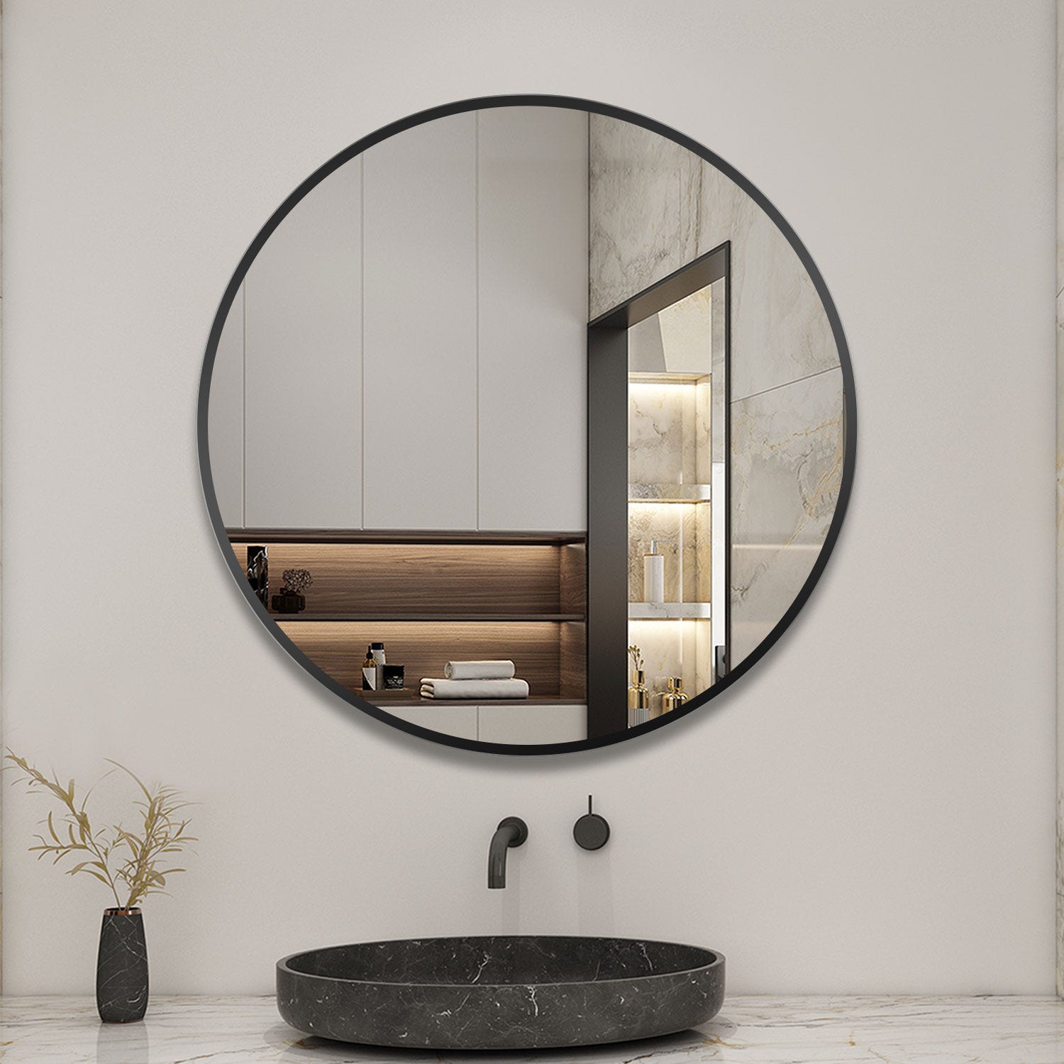 AICA Miroir rond noir (mat) encadré suspendu horizontalement 60*60cm 0