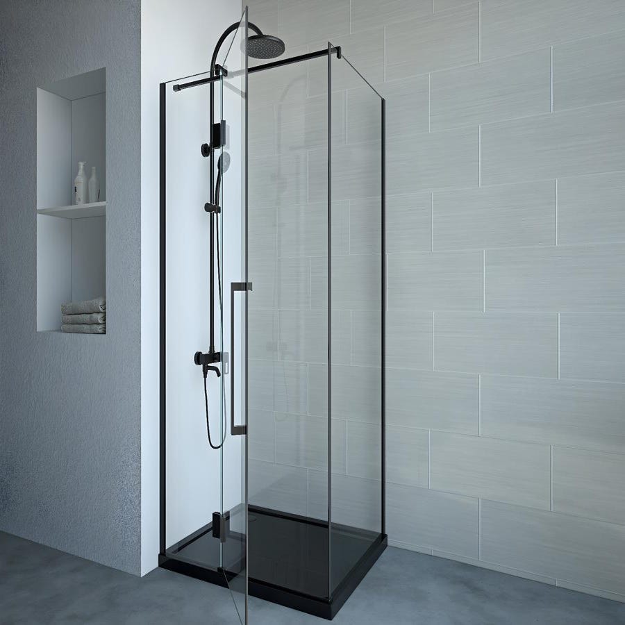 Paroi de douche fixe avec porte pivotante noir mat style industriel - 80 x 100 x 190 cm - PRINCETON 5