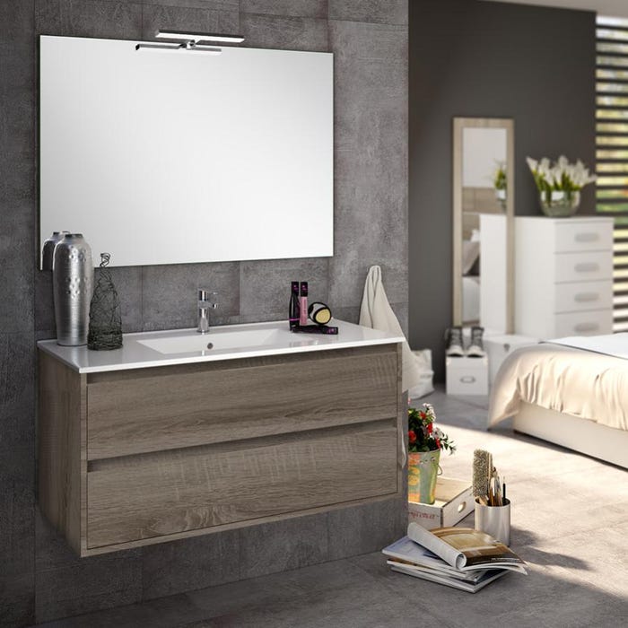 Meuble de salle de bain simple vasque - 2 tiroirs - IRIS et miroir Led STAM - britannia (chêne foncé) - 80cm 1