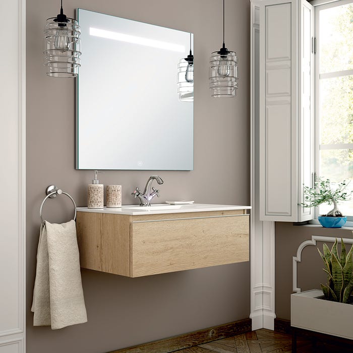 Meuble de salle de bain simple vasque - 1 tiroir - PENA et miroir Led STAM - bambou (chêne clair) - 80cm 0