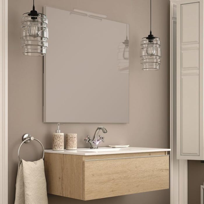 Meuble de salle de bain simple vasque - 1 tiroir - PENA et miroir Led STAM - bambou (chêne clair) - 80cm 2