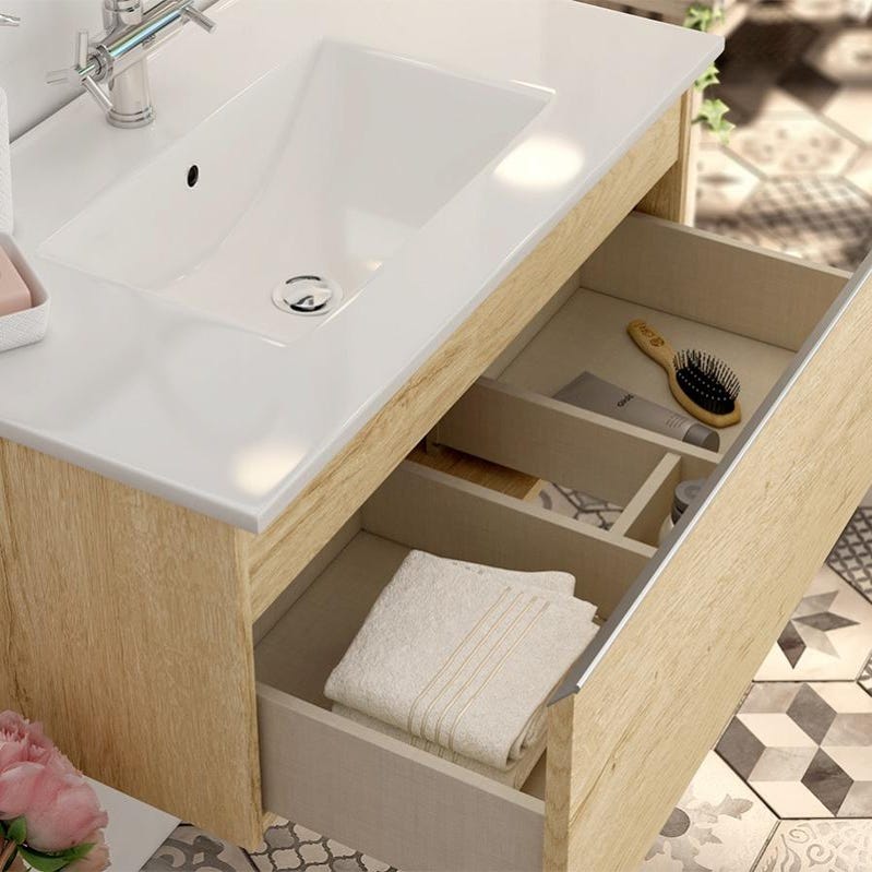 Meuble de salle de bain simple vasque - 1 tiroir - PENA et miroir Led STAM - bambou (chêne clair) - 80cm 3