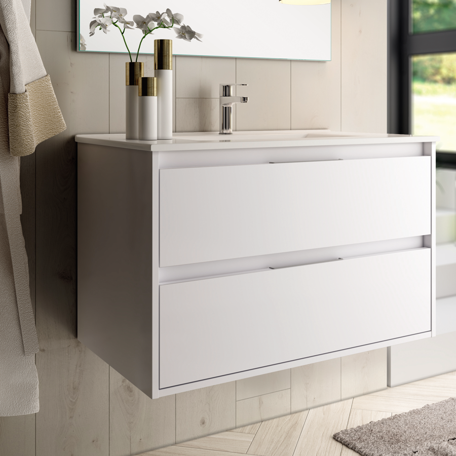 Meuble de salle de bain simple vasque - 2 tiroirs - IRIS et miroir Led STAM - blanc - 80cm 2