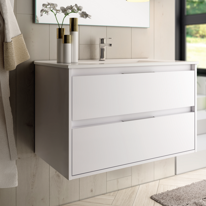 Meuble de salle de bain simple vasque - 2 tiroirs - IRIS et miroir Led STAM - blanc - 80cm 2