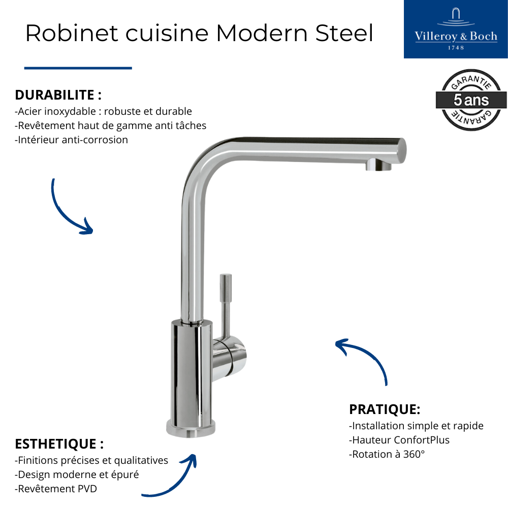 Robinet cuisine VILLEROY ET BOCH Modern Steel acier massif 2