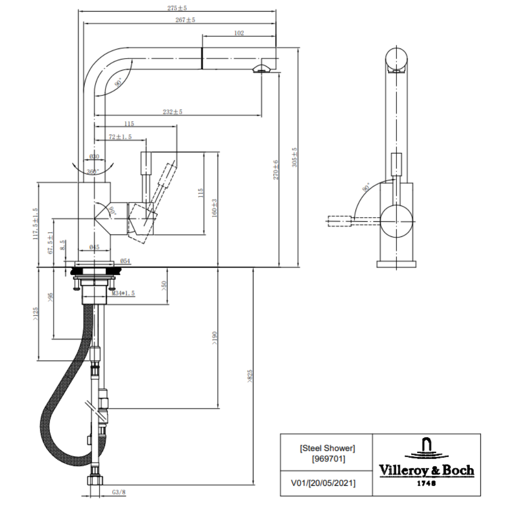 Robinet cuisine VILLEROY ET BOCH Steel Shower acier massif 3