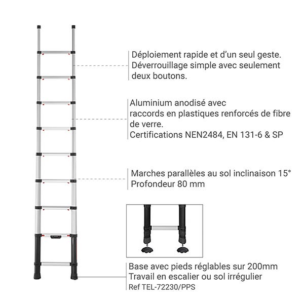 Echelle télescopique 3.00m - Marches de 80mm de large - TEL-72230 5