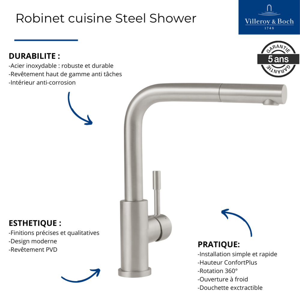 Robinet cuisine VILLEROY ET BOCH Steel Shower anthracite + nettoyant 3