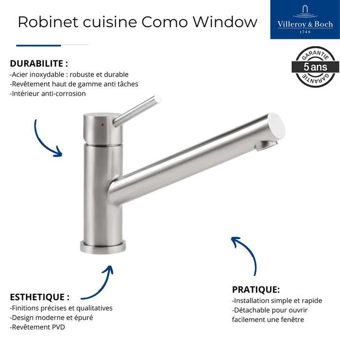Robinet cuisine rabattable VILLEROY ET BOCH Como window acier massif + nettoyant 2