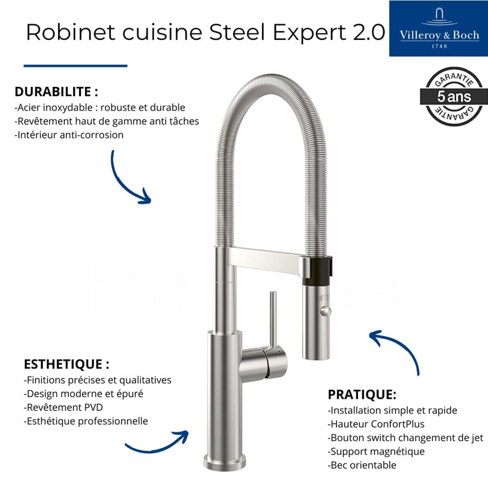 Robinet cuisine VILLEROY ET BOCH Steel expert 2.0 anthracite + nettoyant 2