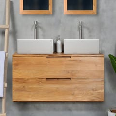 Meuble de salle de bain suspendu en teck clair avec double vasque - 2 tiroirs - 115 cm - BIMBING 5