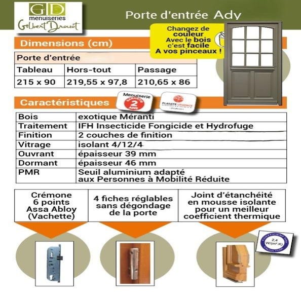 Porte D'entrée Bois Vitrée, Ady , Vert Ral7002,, H,215xl,90 P, Droit Cote Tableau Gd Menuiseries 3