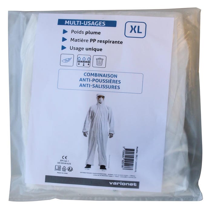 Combinaison anti-poussière et anti-salissures blanche, cousue avec 2 poches, fermeture à zip, cagoule - Taille XL 0