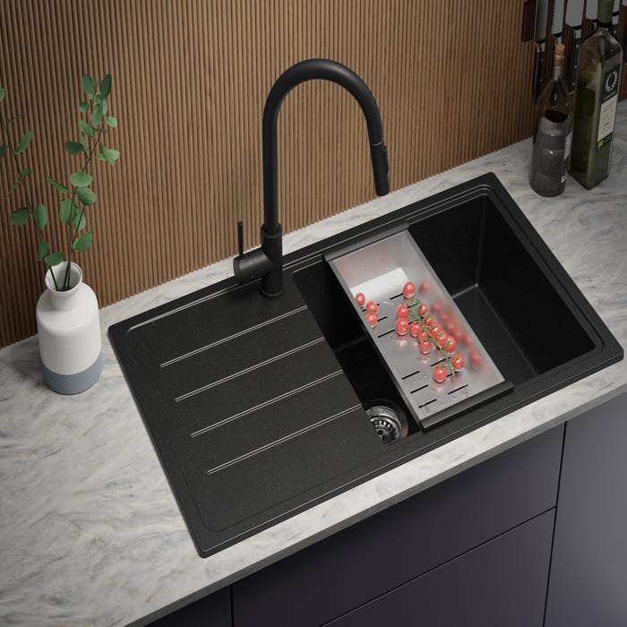 Evier Cuisine en Granit Noir, 90 x 50 cm, Lavabo 1 bac + Robinet 9700 + Kit de Vidage, Évier à Encastrer de Primagran 1
