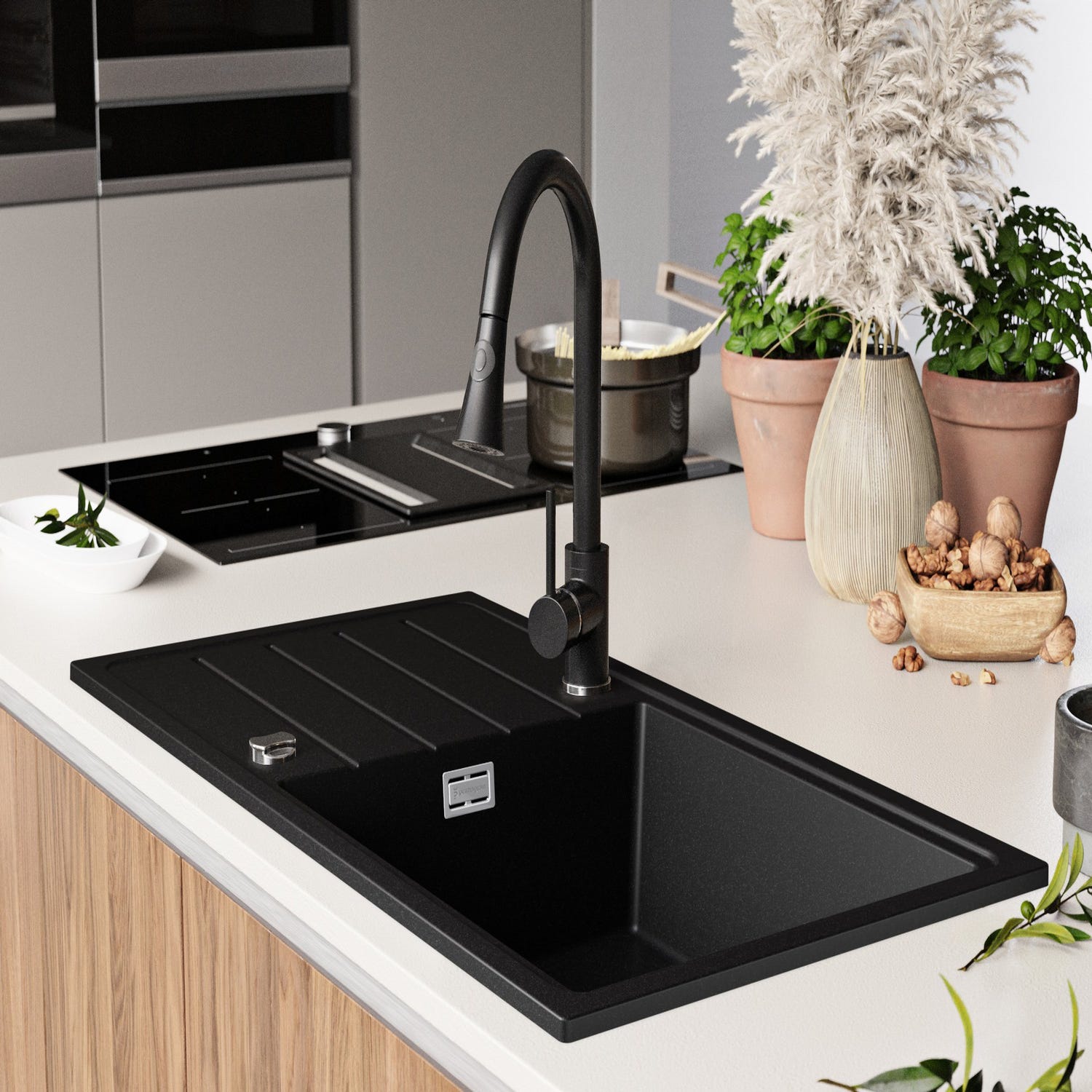 Evier Cuisine en Granit Noir, 90 x 50 cm, Lavabo 1 bac + Robinet 9700 + Kit de Vidage, Évier à Encastrer de Primagran 3