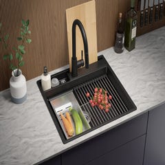 Evier Cuisine en Granit Noir, 58 x 53 cm, Lavabo 1 bac + Robinet 8700 + Kit de Vidage, Évier à Encastrer de Primagran 2