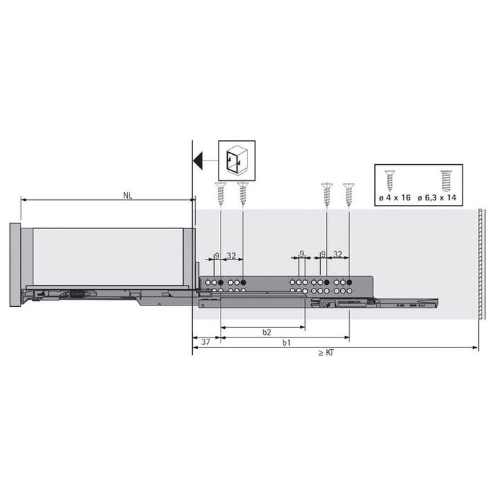 Coulisse bois quadro 4d v6 silent system - Profondeur intérieur de caisson mini : 293 mm - Longueur : 280 mm - HETTICH 2