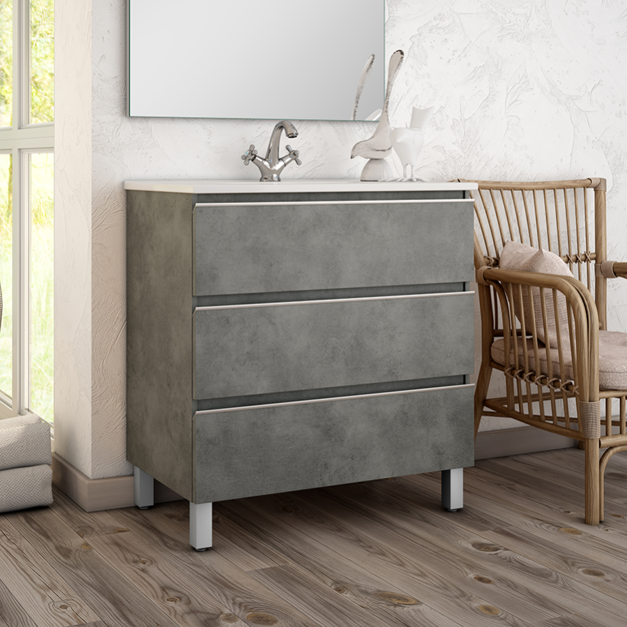 Ensemble meuble de salle de bain 80cm simple vasque + colonne de rangement PALMA - ciment (gris) 1