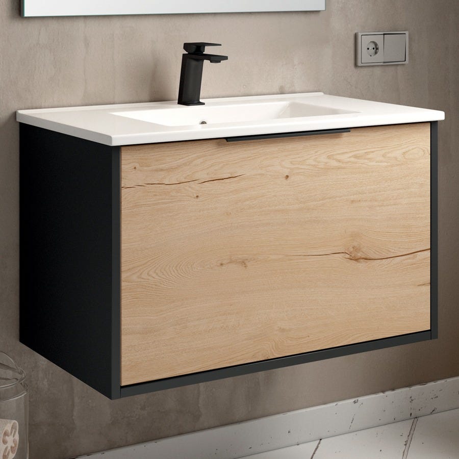 Meuble de salle de bain 80cm simple vasque - 1 façade et 2 tiroirs - sans miroir - ALBA - noir/roble 0
