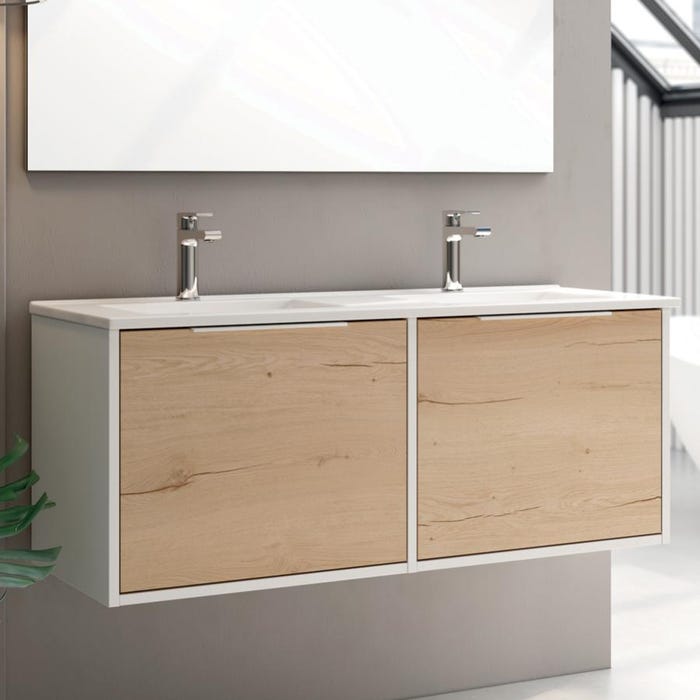 Meuble de salle de bain 120cm double vasque - 2 façades et 4 tiroirs - ALBA - blanc/roble 1